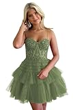 EVWWEN Lace Applique Homecoming Dresses for Teens 2024 Olive Green Glitter Tulle Prom Dress A Line Spaghetti Straps Corset Back Sweet 16 Dress RQ026-10