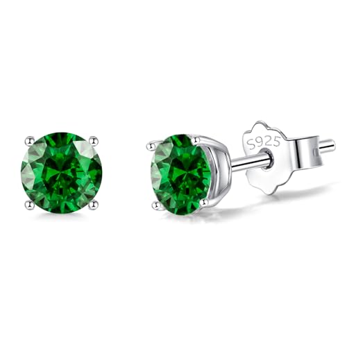 Silver Stud Earrings for Women Girls, Sterling Silver Green Cubic Zirconia Small Stud Earrings Hypoallergenic Faux Round Diamond Studs Sleeper Earrings for Her Birthday Christmas Gifts, 6mm