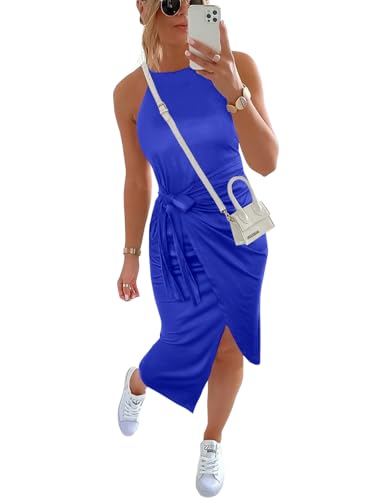 Image of NOLLSOM Women Casual Sleeveless Striped Tank Midi Dresses Halter Neck Ruched Bodycon Dresses Tie Waist T Shirt Summer Dress