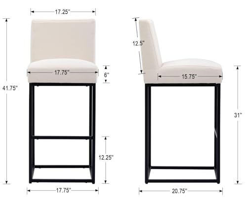 Image of HNY Modern Counter Height Bar Stools Set of 4, Linen Upholstered Kitchen Island Stools with Backrest, 31 Inch Bar Stools with Black Metal Frame, Cream