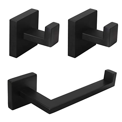 kimzcn Matte Black Bathroom Accessories Kit 3-Pieces Bathroom Hardware Set SUS 304 Stainless Steel Square Wall Mounted - Includes Toilet Paper Holder, 2X Robe Towel Hooks
