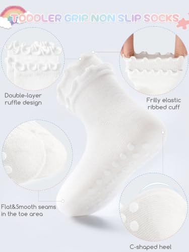 Image of Baby Toddler Girls Socks Grip Ruffle Non Slip Kids Cotton 12 Pack Socks | Premium Soft Cotton,Full Anti-Slip Grips,6 Month-7T Grippy Crew Socks for Girls,Daily School All Season Wear,Cute Ruffle Edge
