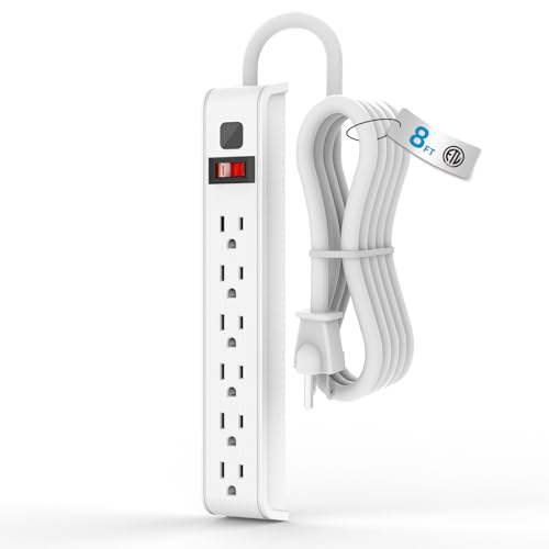 TiFFCOFiO Surge Protector Power Strip 8 Feet Extension Cord 600 Joules Surge Protection Multiple Protection 6 Outlet Strip 14 AWG Cord 15A/1875W ETL Listed