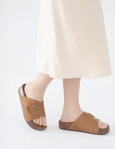 Image of UBFEN Womens Platform Slide Sandals | Real Leather,Buckle Sandals with Cushioned Flatform Footbed,Comfortable for Walking,Arch Support,Casual Styling