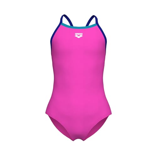 Image of ARENA Feel Girls' Junior Solid Light Drop Back Swimsuit Thin Straps Chlorine Resistant Quick Drying Comfortable One Piece Bathing Suit, Shocking Pink /Neon Blue /Eyeblush Blue, US Size 6Y /24