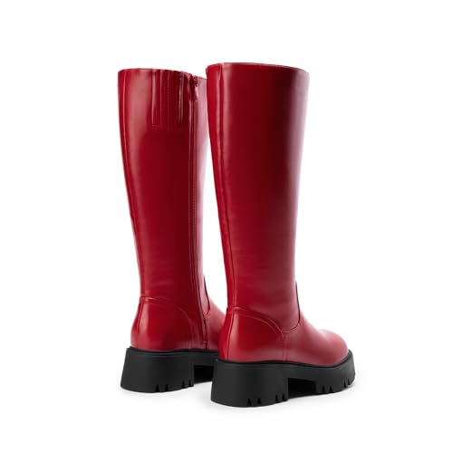 DREAM PAIRS Knee High Boots, Comfortable Chunky Platform Round-Toe Side Zip Boots for Women,Size 7.5,Red,SDKB2301W
