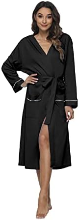 M&M Mymoon Womens Cotton Kimono Robes with Hood Soft Lightweight Hooded Knit Bathrobe Warm Long Spa Robes - Black - Medium