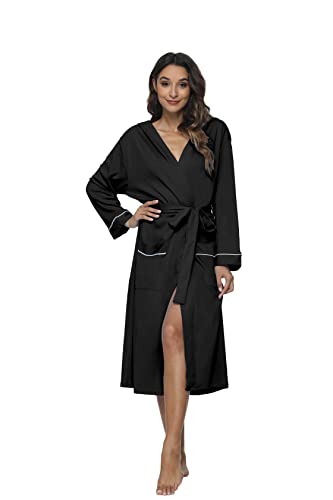 M&M Mymoon Womens Cotton Kimono Robes with Hood Soft Lightweight Hooded Knit Bathrobe Warm Long Spa Robes - Black - Medium