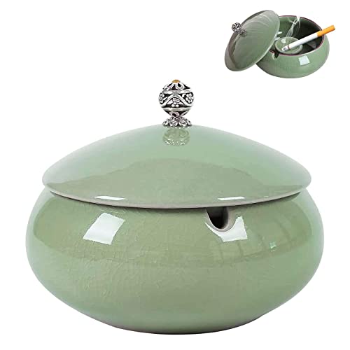 Grand Cendrier en céramique avec couvercle Gros Cendrier à cigares coupe-vent pour balcon, maison, terrasse, bureau, décoration verte