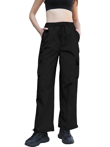 Image of Betusline Girls & Women's High Waist Wide Leg Cargo Pants Y2K Parachute Pants with Pockets and Drawstring 6 Years-Women 2XL