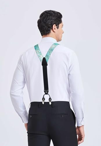 Image of HISDERN Suspenders for Men Paisley Floral Bow tie Suspender Pocket Square Sets Adjustable Y Shape 6 Clips Wedding Braces