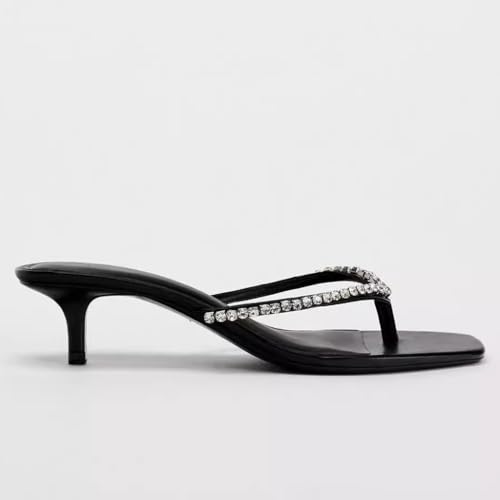 SAFECAMS Rhinestone Kitten Heels for Women Bow Thong Sandals Square Open Toe Flip Flops Heels Summer Miami Heeled Sandals Slippers +Memory Foam2