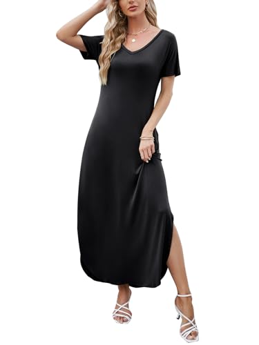 HUSKARY Women's Summer Maxi Dress Casual Loose Pockets Long Dress Short Sleeve Split Maxi Dresses3