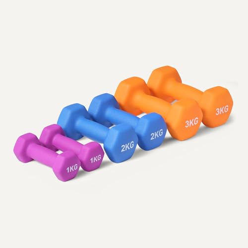 Amazon Basics Hantel-Set mit Neoprenbeschichtung, mit Hantelständer, 3 Stück (1 kg, 2 kg, 3 kg), Mehrfarbig
