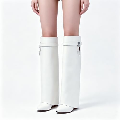 Image of keleimusi Fold Over Wedge Boots Heeled PadLock Pant Knee High Shoes Tall /Short Booties