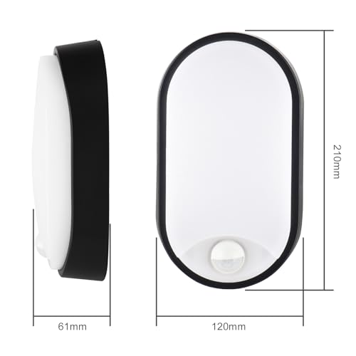 18W LED 4000K IP65 Flush Wall Mounted PIR Sensor Oval Bulkhead Light Fixture for Outdoor, Garden, Shed, Porch, Garage, Workshop, Patio, Hallway, Corridor, Workshop etc -Black - Pack of 2