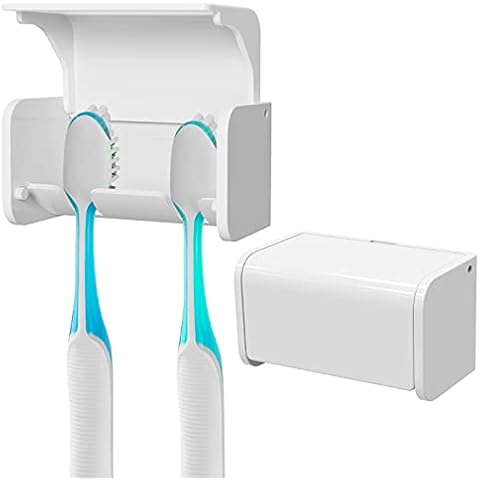 Linkidea 2 Pack Wall Mounted Toothbrush Holder with Cover for Medicine Cabinet, Shower, RV, Camper, Bathroom, Self Adhesive Covered 2 Slots Toothbrush Storage Organizer, Toothbrush Rack Hanger Cover