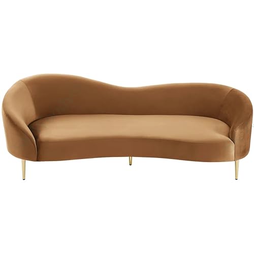 Image of Rosewood Luxury Curved Sofa in Premium Velvet-Fabric | Solid Wood Structure | High Density Foam | Sturdy Golden Legs | Comfortable & Stylish Couch for Modern Living Room (Saddle, 3 Seater)