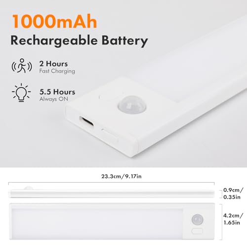Image of 2 Pack Under Cabinet Lighting, 3 Colors & Dimmable Motion Sensor Light Indoor, 900mAh Rechargeable Under Cabinet Lighting Magnetic for Kitchen, Stairs, Closets, White(ABS+PC)