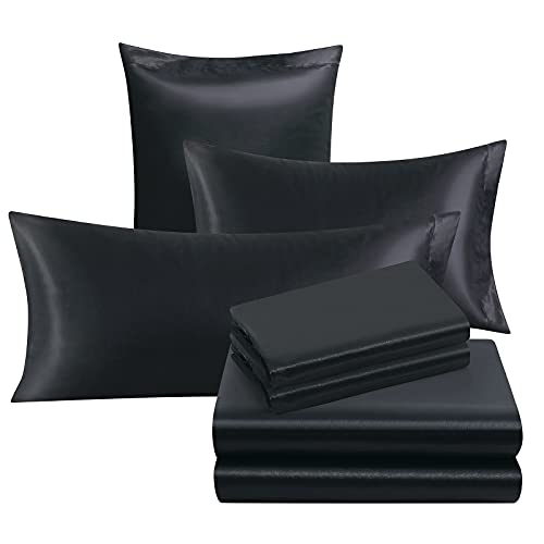 Image of Ersmak 7 Pieces Satin Sheets Set Queen Size, Luxury Silky Black Satin Bed Sheets Set with 1 Deep Pocket Fitted Sheet, 1 Soft Flat Sheet, 4 Queen Pillowcases and 1 Body Pillowcase