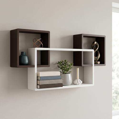 Image of Modern Geometric Floating Wall Shelf - Wall Mounted Decorative Display Shelves for Living Room, Bedroom & Office | Wooden Wall Shelf for Home Decor, Books, Plants & Showpieces (Brown & White)
