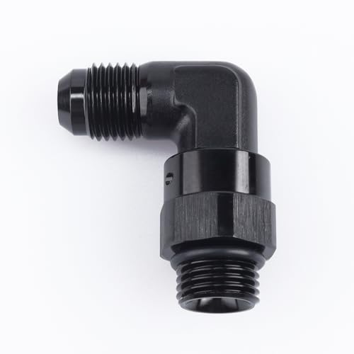 Image of AC PERFORMANCE Black Aluminum 90 Degree -6 AN Male Flare to 9 /16 inch-18 ORB O Ring Port Swivel Fitting Adapter