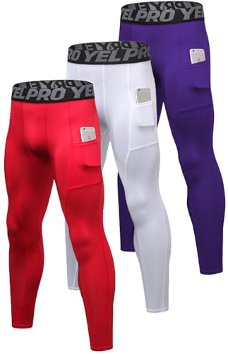 Queerier メンズコンプレッションパンツ アスレチックレギンス ポケット付き ランニング ベースレイヤー タイツ サイクリング ワークアウトパンツ 3枚パック, パープル+ホワイト+レッド, X-Large（Amazon）