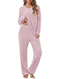 Lovasy Pyjamas for Women Ladies Ribbed 2 Piece Outfits Loungewear Sets Leisure Suits Soft Womens Pyjamas Set V Neck Long Sleeve Jumpers and Wide Leg Trousers with Pockets,Pink,L