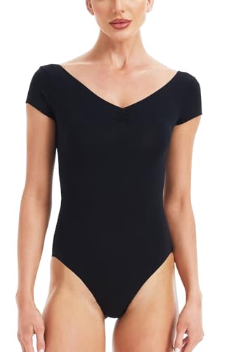 Body danse classique femme avec manches courtes et col en V plongeant