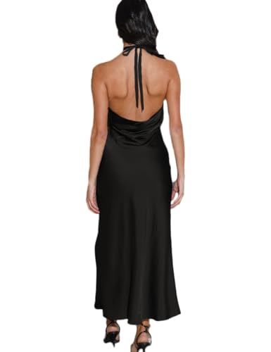 Image of 2026 Summer Satin Halter Neck Backless Slit Midi Dresses Elegant Cowl Back Ruched Wedding Guest Maxi Dress for Women Black