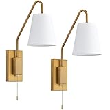 TERLEENART Modern Classic Set of 2 Swing Arm Bedside Reading Wall Sconce with Pull Chain On/Off Switch, Antique Brass Metal Wall Light with Sloped Arm and White Fabric Shade,for Hallway Living Room