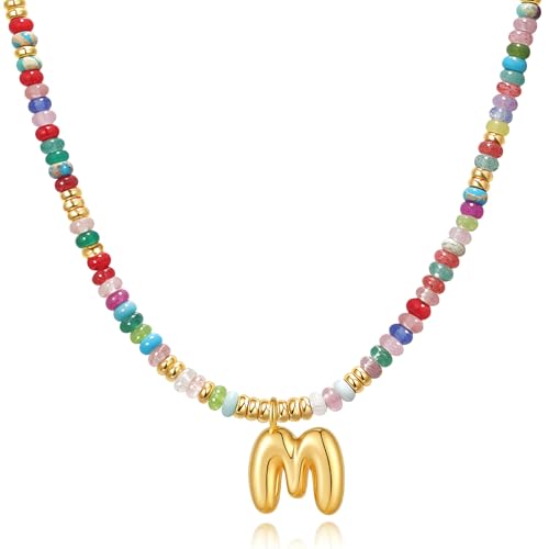 YOUFENG Initial Letter Necklaces for Women Colorful Beaded Gemstone Choker 14K Gold Bubble Letter Pendant Necklace Natural Stone Handmade Jewelry Gift