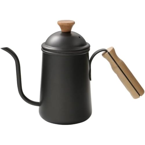 AOPIPI 和風コーヒーポット 木製ハンドルと蓋付き 650ml、注ぎ口が細いドリップポット 直火またはIHクッキングヒーターに対応。ステンレス製。ご家庭、業務用、アウトドアキャンプ、ドリップコーヒーに最適です (ブラック)