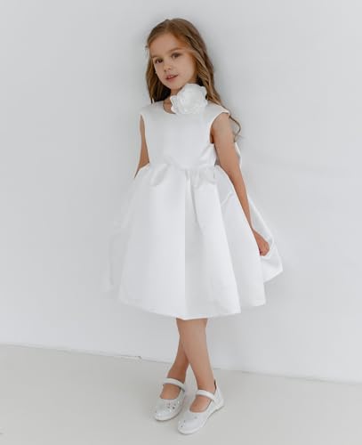 MCieloLuna V-Back Pearls Satin Flower Girl Dress Summer Mini Pageant Princess Wedding Guest First Communion Dress with Bow3
