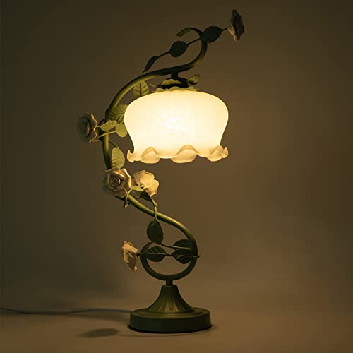Biniliubi Flower Glass Bedside Table Lamp Green Desk Lamp Glass Rattan Green Ceramic Roses Decoration Girl Bedroom Bedside Lighting With 7.48Inches Wide Bent Glass Lampshade, 20 Inches Tall #TOP1