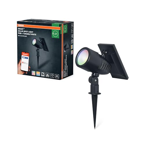 OSRAM SMART+ Outdoor Bluetooth Solar-Gartenspieß Spot, mit regulierbarem Weißlicht (3000K-6500K) + Farblicht, ohne Strom nutzbar, bis acht Stunden...