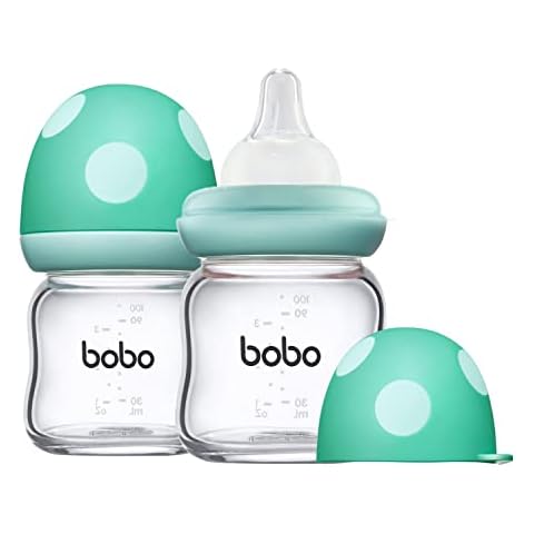 YOHKOH Natural Glass Baby Bottle with Natural Response Nipple, Newborn Anti-Colic Baby Bottles, Wide Neck Mushroom Cap Baby Bottle, Clear (3.4oz (Pack of 2), Blue) Cover