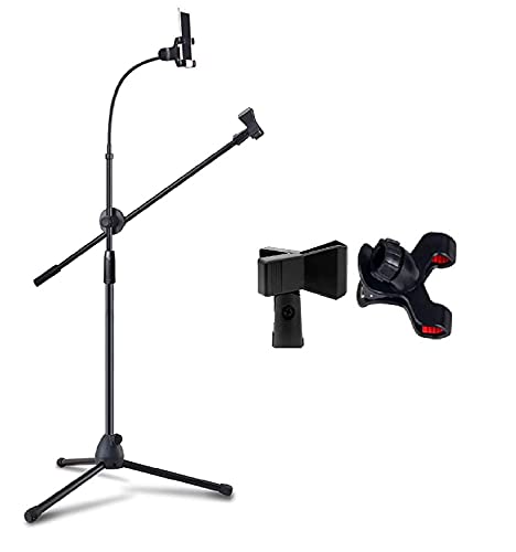 Image of Amazon Brand - Solimo Microphone Stand with Mobile Holder Adjustable, Mic Stand for Singing, Studio Recording, Podcasting, Live Streaming & Gaming