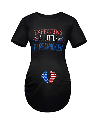 Lorjoy Womens Expecting A Little Firecracker Maternity Shirt 4th of July Short Sleeve Pregnancy Tee Top (Balck Medium) Black