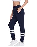 HOTLOOX Damen Fitnesshose Trainingshose Stretch Sporthosen Lang Jogginghose Elastischer Bund mit Streifen und Kordelzug Hohe Taille Stoffhose Blau L