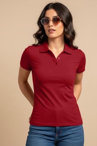 Image of JUNEBERRY Pure Cotton Regular Fit Plain Solid Classic Polo Collar Half Sleeve T-Shirt for Women (Colors: Olive, Maroon, Navy, Black, Green & Orange)