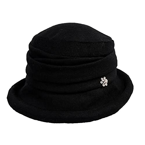 Comhats Cloche Round Hat for Women 1920s Fedora Bucket Vintage Hat Flower Accent, 16060_black, M