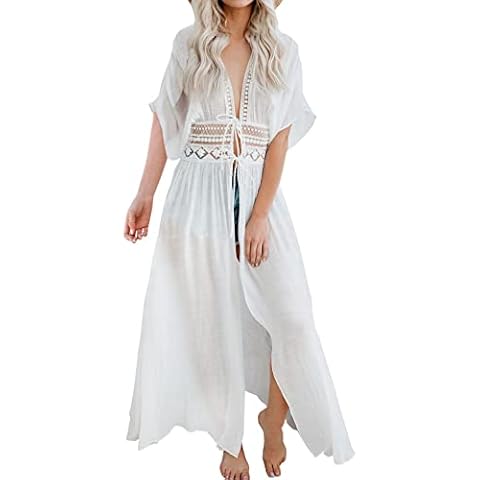 FANCYINN Women Lace Beach Kimonos Cardigan Open Front Swimsuit Crochet Beach Bikini Cover up Dress, White, XL Cover