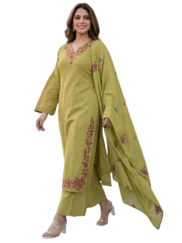 Image of ANNI Designer Kurta Sets for Women Viscose Blend Embroidered | Kurta Palazzo Dupatta Set | Designer Kurti Set for Women | V Neck Full Sleeve Ethnic Suit | Indian Kurta Outfit with Palazzo Pants