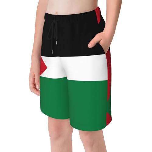 Flag of The State of Palestine Small Youth Beach Pants, Soft and Breathable, with Drawstring Waist, Suitable for Sports and Leisure. Black4