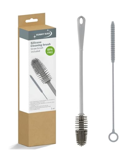 SUNNY SUDZ Silicone Bottle Brush & Silicone Straw Cleaner Set 12.5 Long Handle Flexible Odor-Resistant Dishwasher Safe for Water Bottles Baby Bottles Tumblers & Straws (Grey)