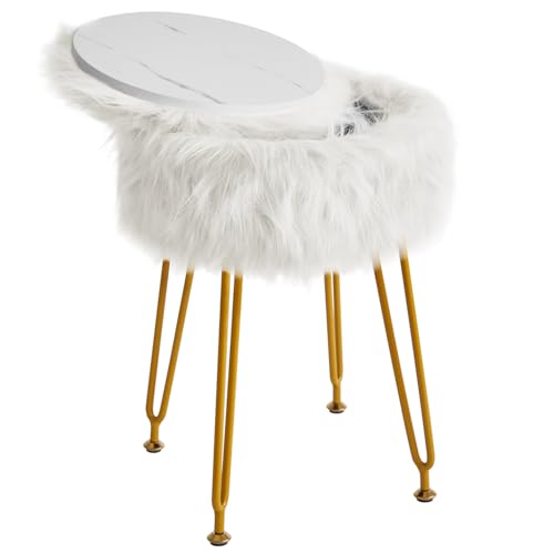 IBUYKE Faux Fur Vanity Stool with Storage Makeup Chair White WBD021W