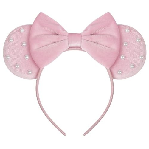 WOVOWOVO Mouse Ears Headbands for Women Pink Bow Pearl Mouse Ear Headband Velvet Hairbands Christmas Birthdays Party Hair Accessories