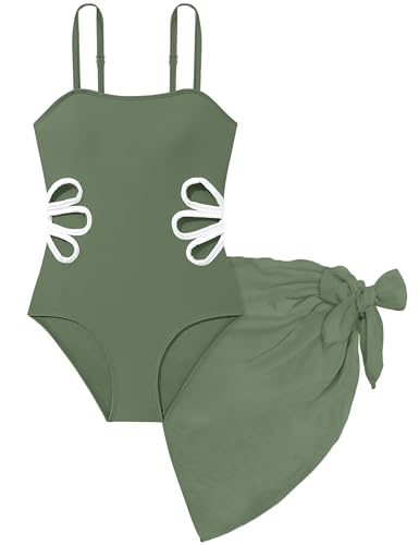 Image of Girls Swimsuit Adjustable Straps Cut Out One Piece Bathing Suit with Solid Color Cover Up Skirt Girls' Swimwear 5-16Y