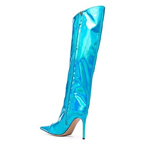 Image of Arqa Knee High Boots for Women Wide Calf 4 in Stiletto High Heel Metallic Boots Winter Chrome Zipper Long Boots Dressy Party Shoes